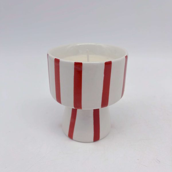 Ceramic Candle Holder Red White Striped Design