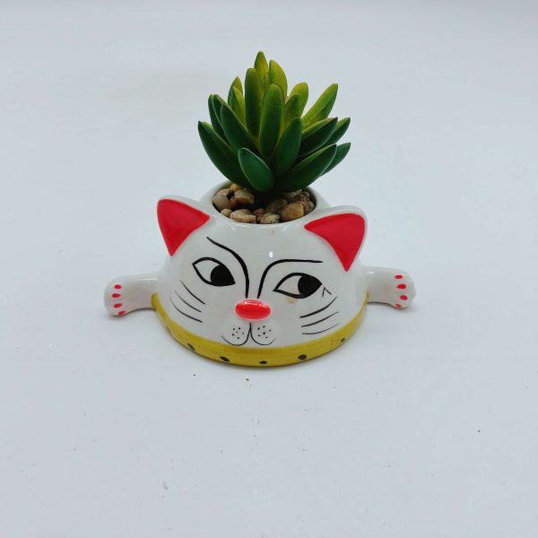 Ceramic Cat Head Planter Faux Plant Decor