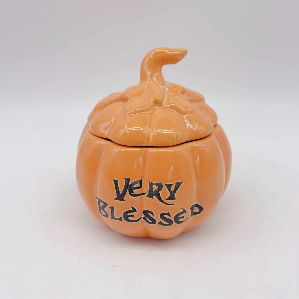 Ceramic Halloween Pumpkin Jar Black Letters Orange