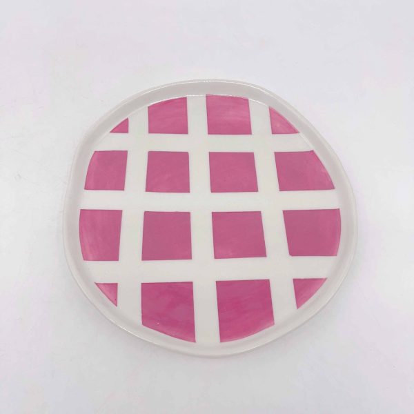 Ceramic Irregular Plate Small Plaid Pattern Rose Red