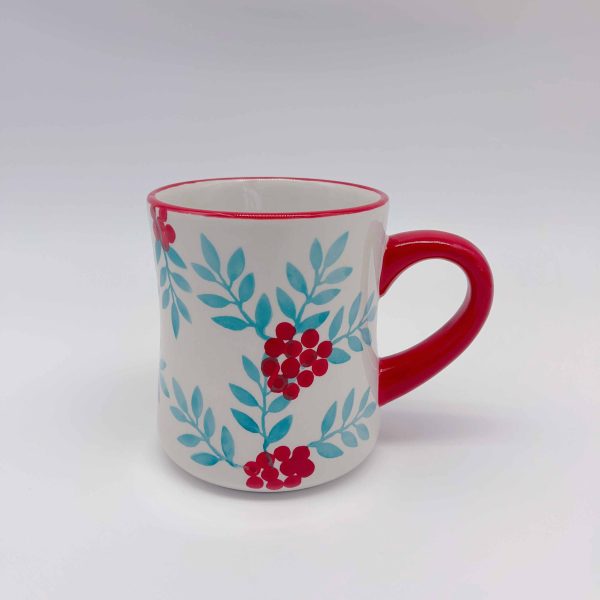 Ceramic Mug Red Fruit Blue Leaves Design