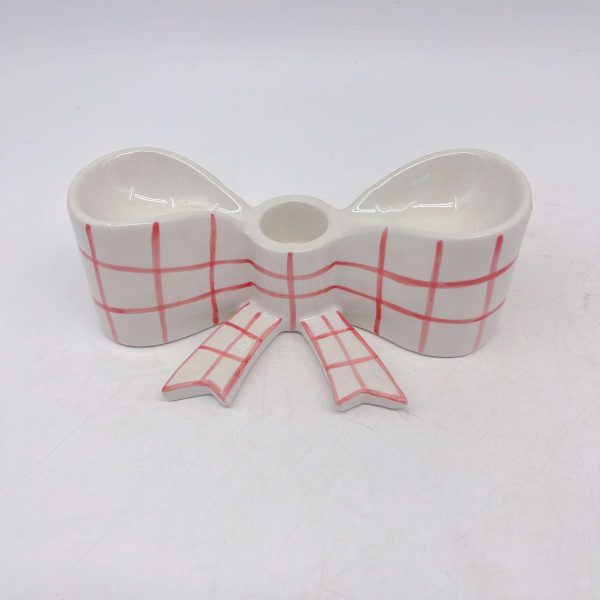 Ceramic Pink Striped Bow Candle Holder