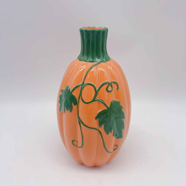 Ceramic Pumpkin Vase Orange Green Leaves Halloween Decor