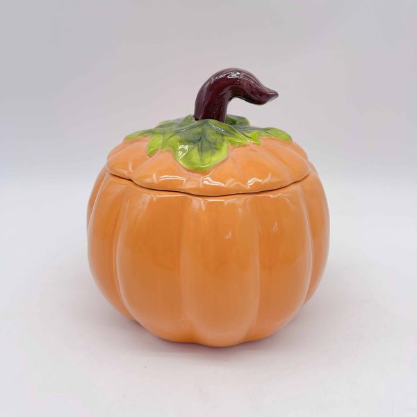 Ceramic Pumpkin with Green Leaf Halloween Decor