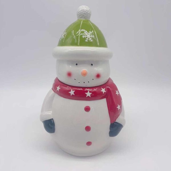 Ceramic Snowman Jar Green Scarf Christmas Decor