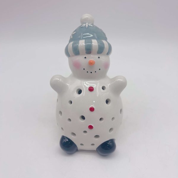 Ceramic Snowman Ornament Blue Christmas Hat Figurine