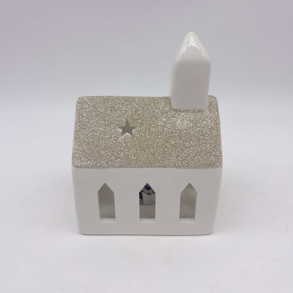 Ceramic White Christmas House with Gold Roof