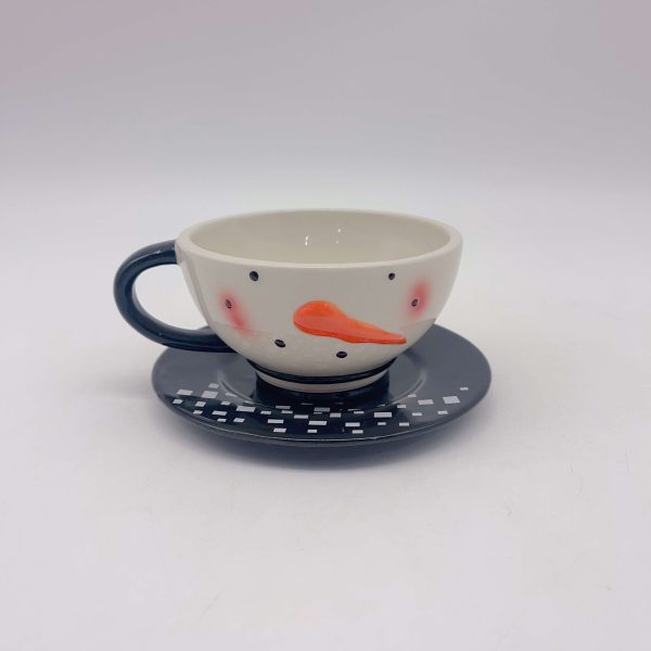 Ceramic White Christmas Mug Black Saucer Set
