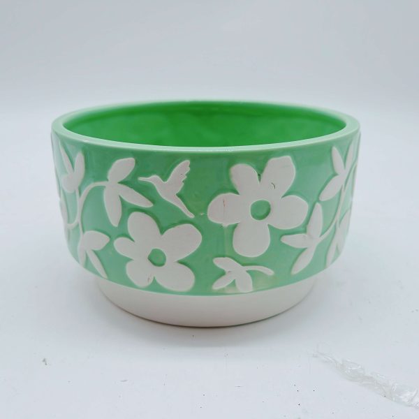 Green Embossed Floral Ceramic Planter