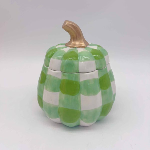 Green Plaid Ceramic Pumpkin Jar Halloween Decor