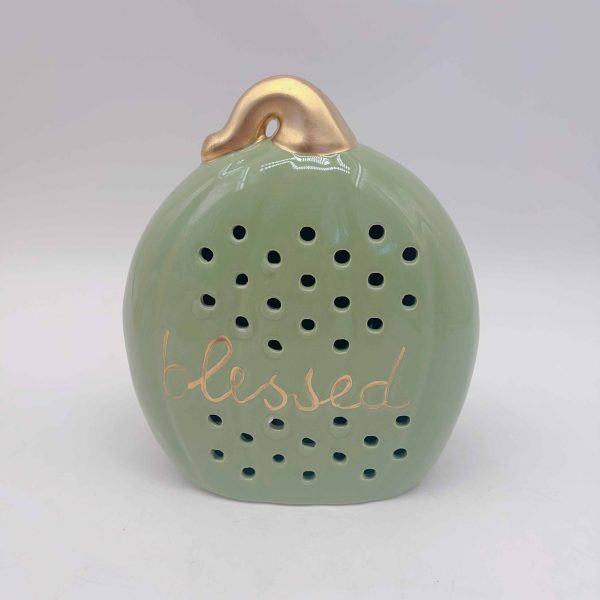 Green Pumpkin Ceramic Lantern with Cutout Design
