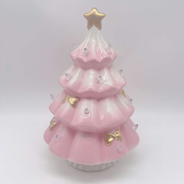 Large Ceramic Pink White Christmas Tree Ornament LED Lights