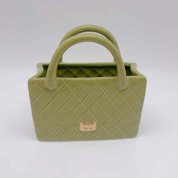 Large Green Checkered Ceramic Tote Bag Vase