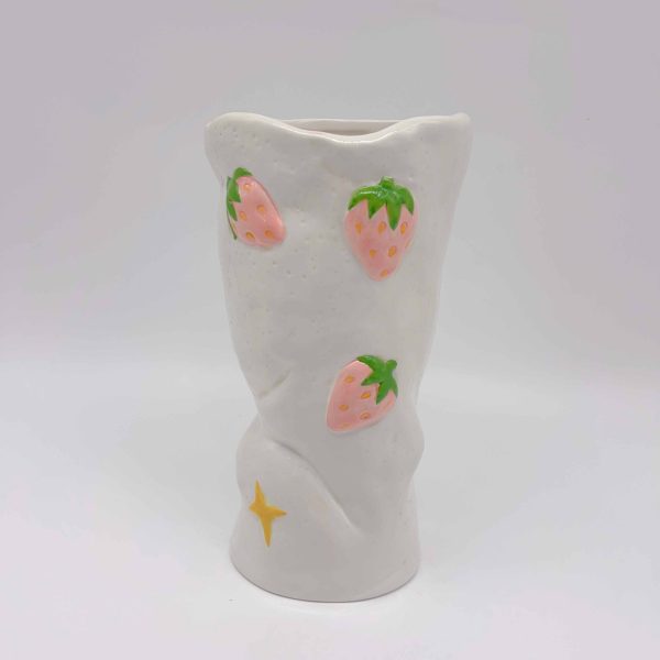 Large Pink Embossed Strawberry Ceramic Vase