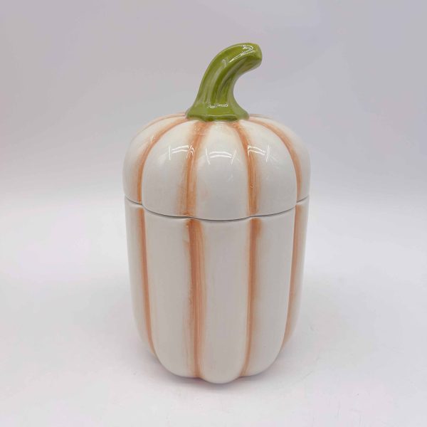Large White Ceramic Jar Orange Stripes Halloween Pumpkin