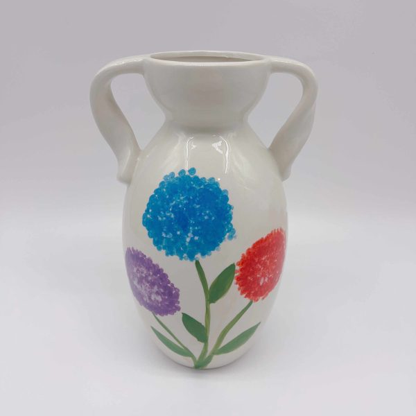 Large White Ceramic Vase with Triple Flower Design