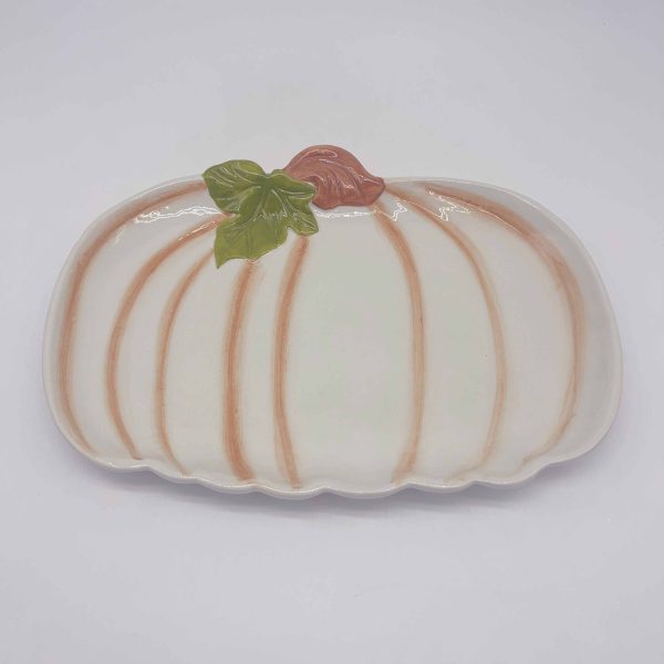 Large Yellow Striped White Ceramic Pumpkin Plate