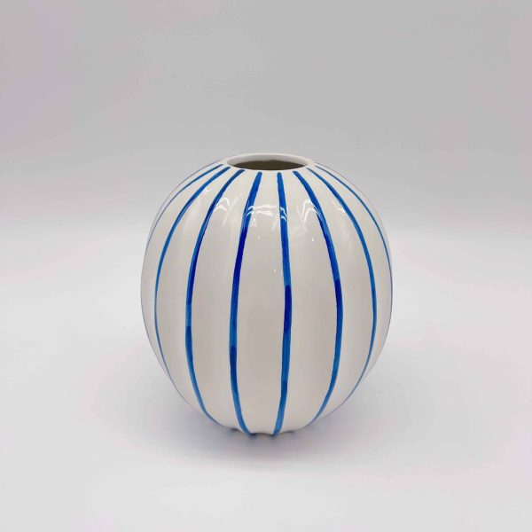 Medium Blue White Striped Ceramic Vase