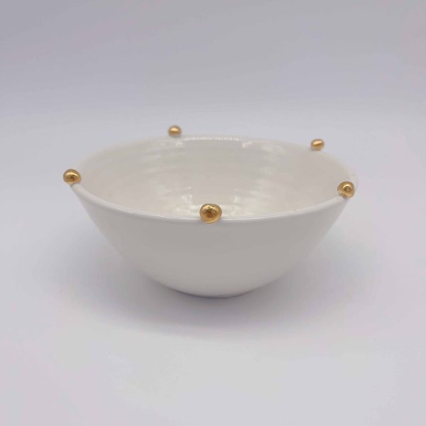 Medium White Ceramic Bowl Faux Gold Trim