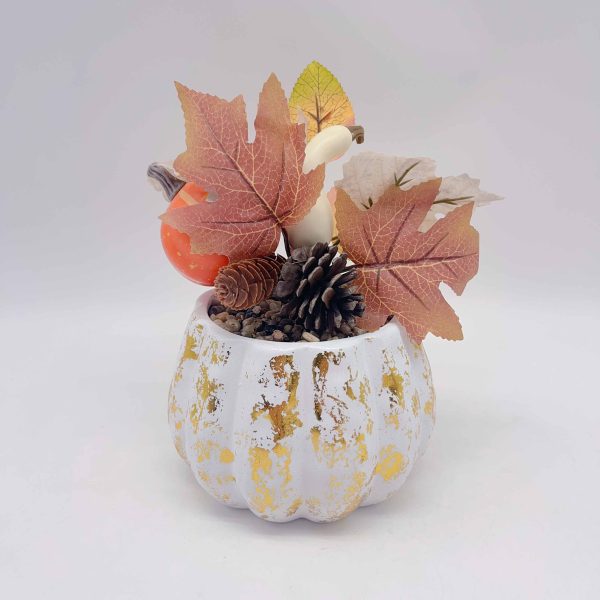 Medium White Ceramic Pumpkin Halloween Planter with Faux Plant