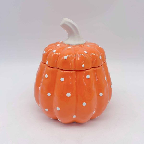 Orange Pumpkin Ceramic Jar with White Polka Dots Halloween Decor