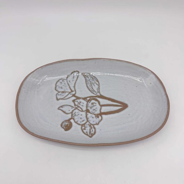 Oval Ceramic Plate Blue White Floral Design