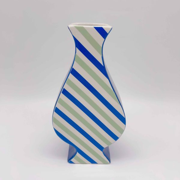 Rectangular Ceramic Vase Blue White Green Stripes