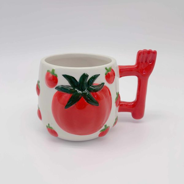 Red Ceramic Mug with Floating Tomato Design
