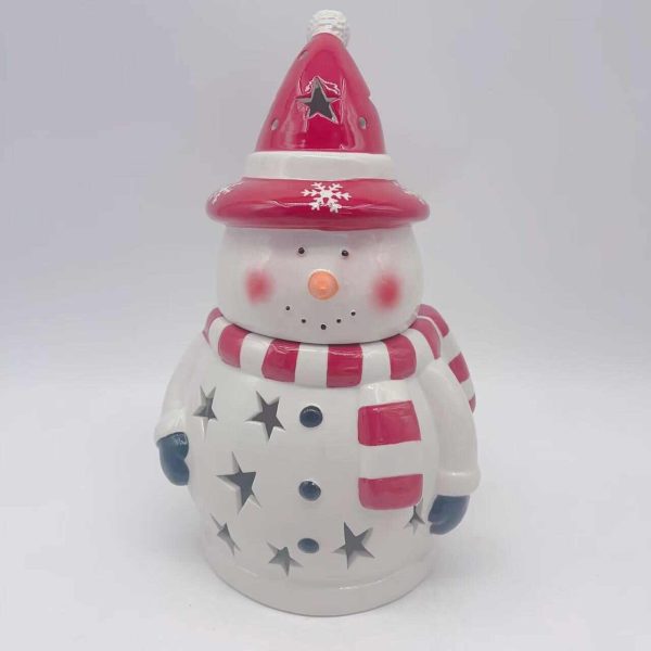 Red Ceramic Snowman Jar Christmas Decor