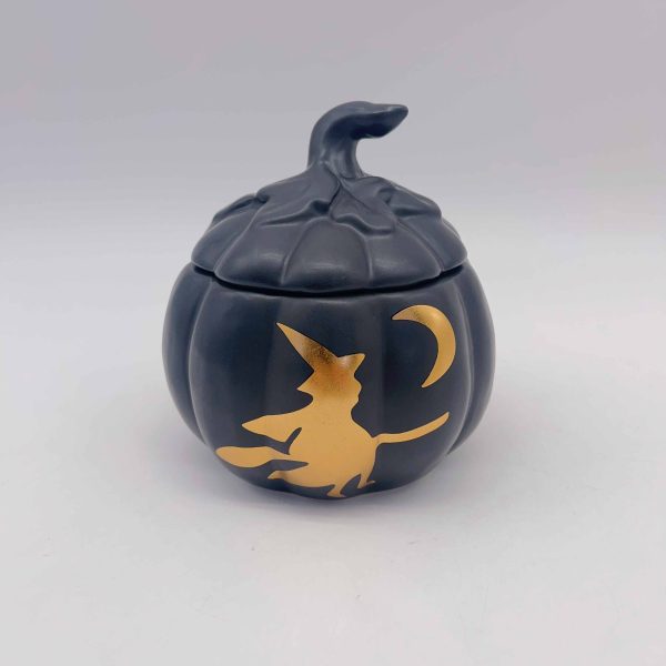 Small Black Halloween Pumpkin Jar Gold Witch Ceramic Decal