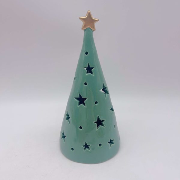Small Green Ceramic Christmas Tree Gold Star Hollow Ornament