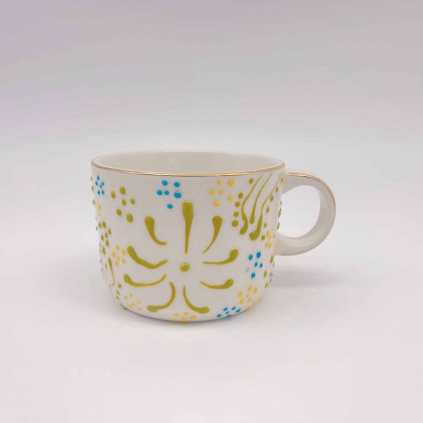 Small Green Embossed Ceramic Cup with Painted Design