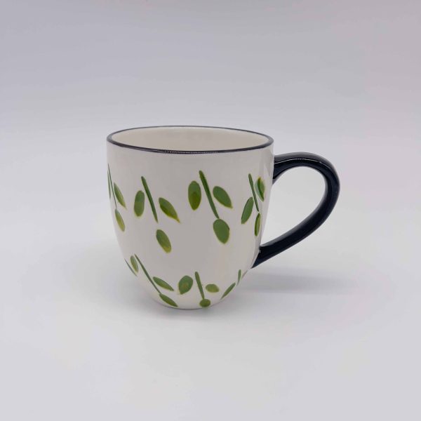 Small Green Leaf Ceramic White Mug