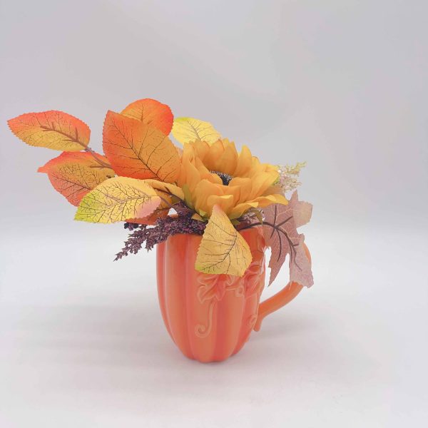 Small Orange Pumpkin Ceramic Planter Pot with Faux Plant