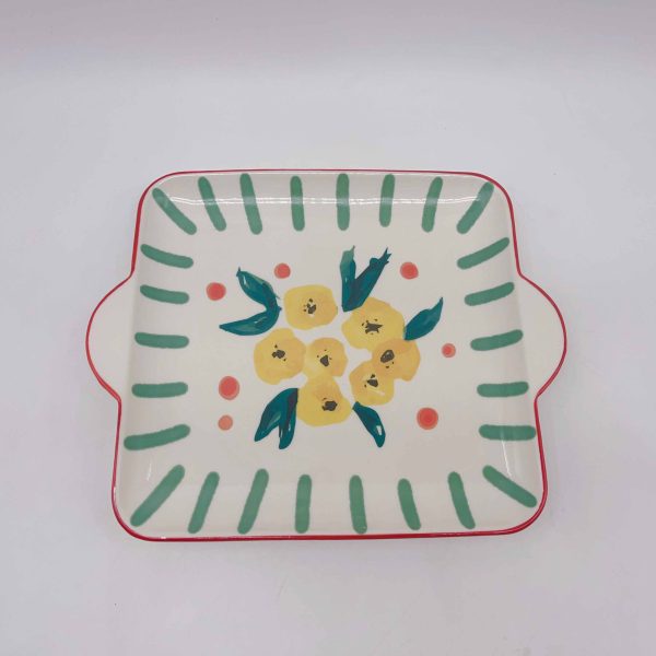 Small Painted Square Plate Ceramic Yellow Peach Design