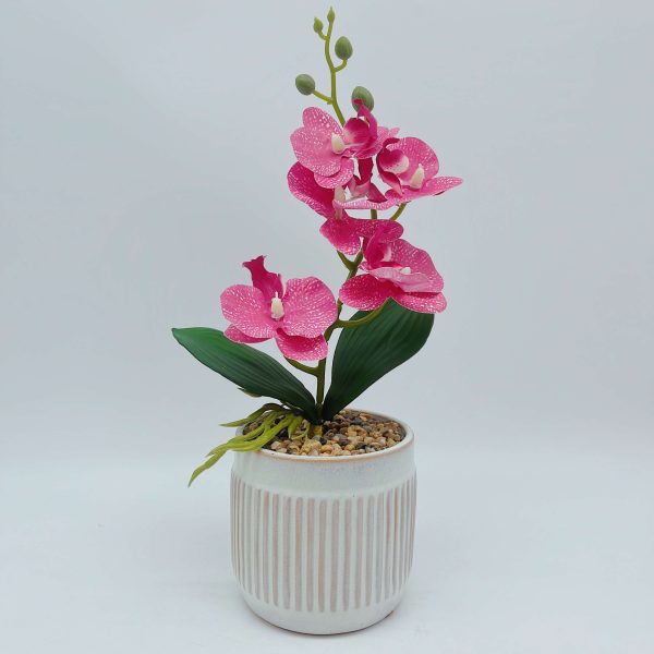 Small Striped Ceramic Planter Faux Plant