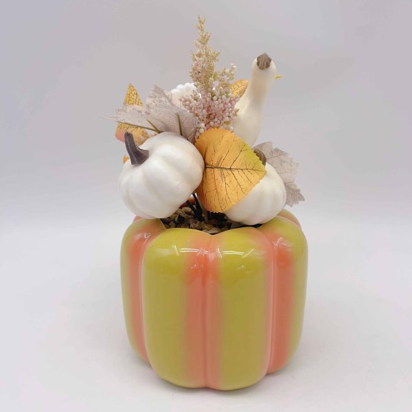 Small Yellow-Green Striped Ceramic Pumpkin Planter with Faux Plant