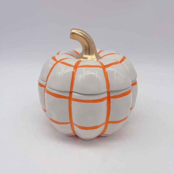 Small Yellow Striped Ceramic Pumpkin Jar Halloween Decor