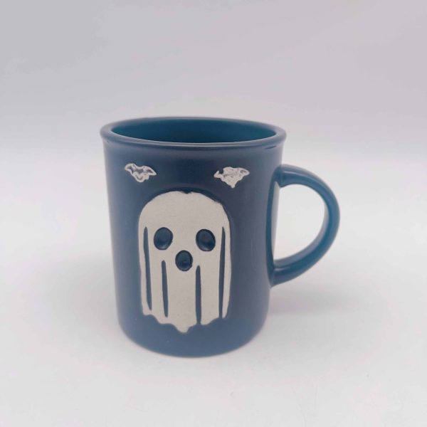 White Ceramic Halloween Mug Embossed Goblin Design