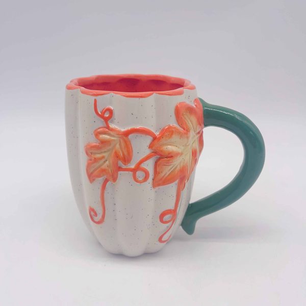 White Ceramic Pumpkin Mug Yellow Maple Leaf Halloween