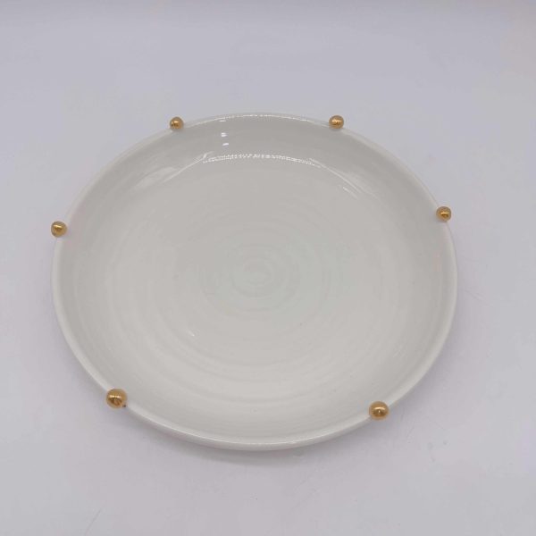 White Ceramic Round Plate with Faux Gold Beads