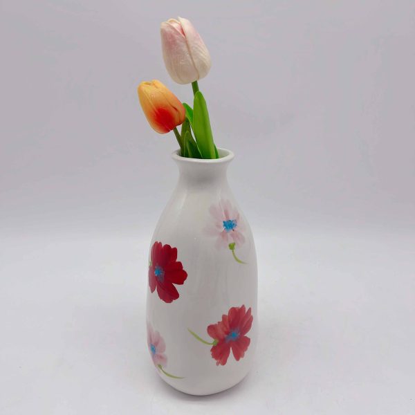 White Ceramic Vase with Floral Decals