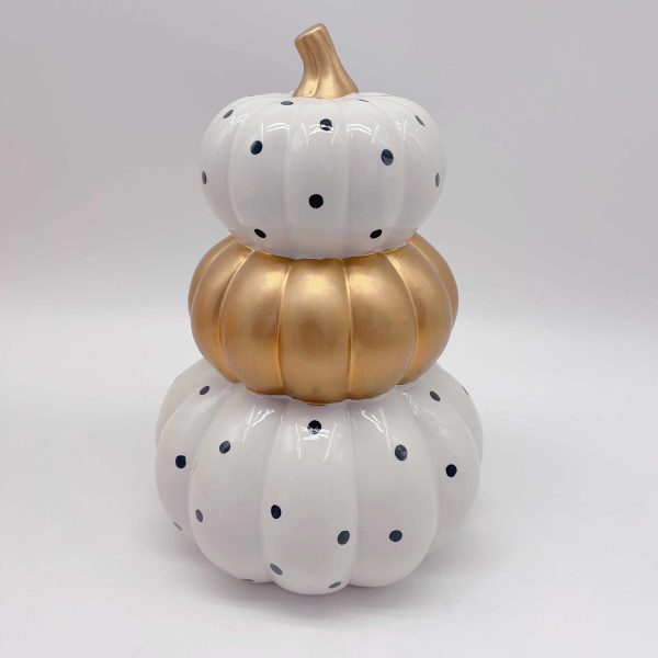 White Gold Polka Dot Ceramic Pumpkin Decor