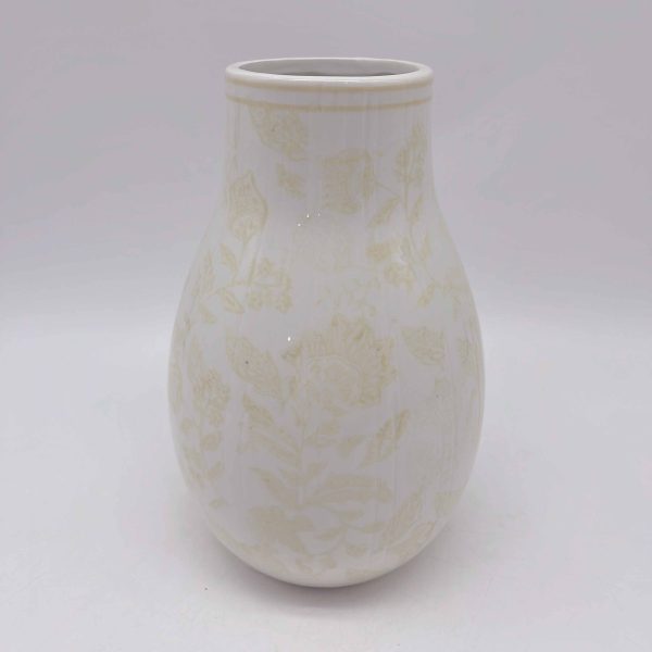 Yellow White Ceramic Vase with Floral Decal